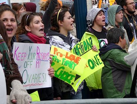 Supporters of a women's right to choose protest an anti-abortion demonstration in San Francisco